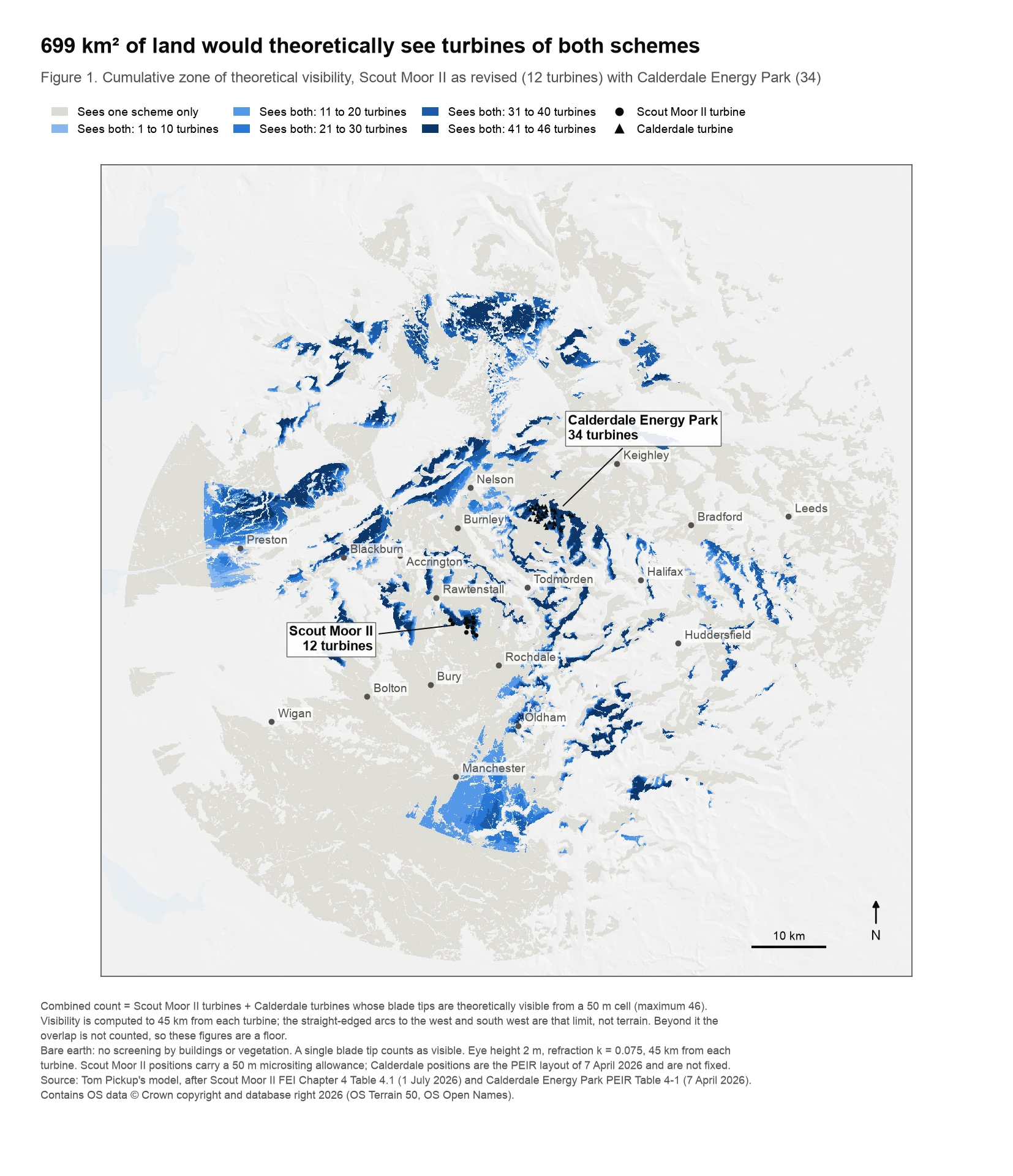 Map of where turbines of Scout Moor II, now 12 turbines, and Calderdale Energy Park, 34 turbines, would theoretically be visible. Blue areas see both, shaded by how many turbines; 699 square kilometres would see both.