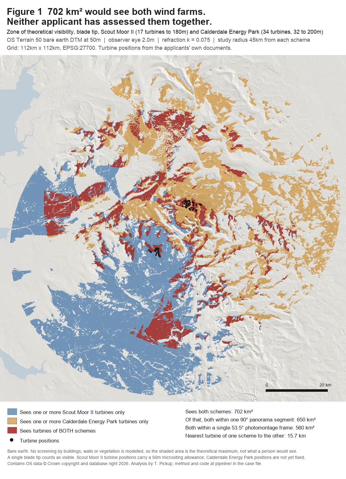 Map of where turbines of the proposed Scout Moor II and Calderdale Energy Park wind farms would be visible. Shaded areas show one scheme, the other, or both; 702 square kilometres would see both.